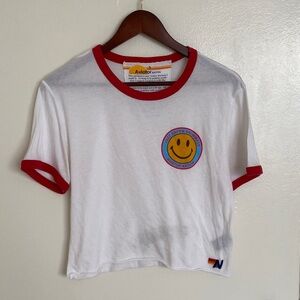 Aviator Nation White Crop Ringer Tee with Red Trim & Yellow Smiley Patch